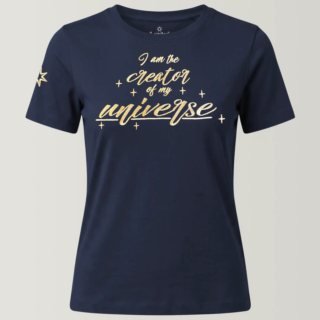 Bio-T-Shirt mit Stickerei 'I am the creator of my universe' – midnight blue [Damen]