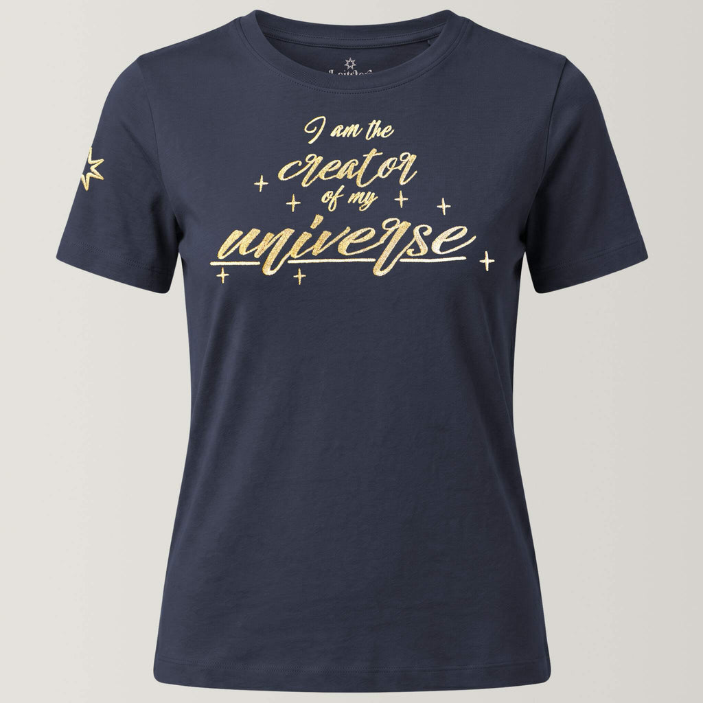 Bio-T-Shirt mit Stickerei 'I am the creator of my universe' – midnight blue [Damen]