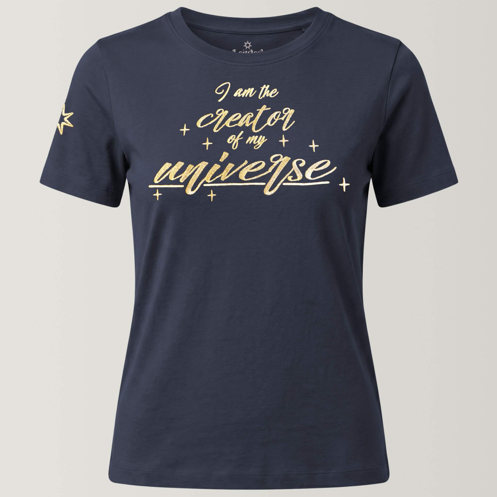 Bio-T-Shirt mit Stickerei 'I am the creator of my universe' – midnight blue [Damen]