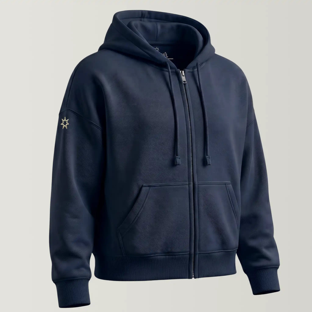 Damen Bio Zip Hoodie mit Affirmation in dunkelblau, Frontansicht, Logostickerei am Ärmel in metallic-gold: siebenzackiger Stern