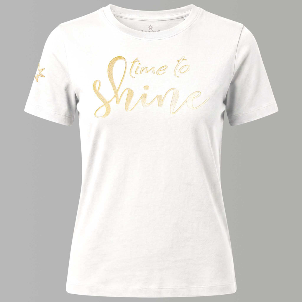 Spirituelles Bio TShirt Damen mit Stickerei in der Farbe weiß, die große Frontstickerei schimmert golden, Schriftzug 'Time to shine'. Sternenstickerei (Logo) am rechten Ärmel.
