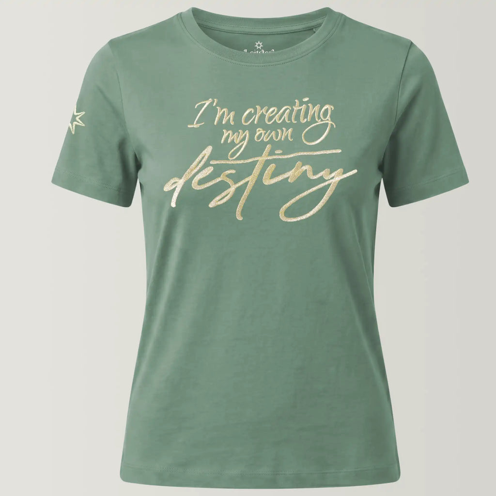 Ghost Mockup Front eines spirituellen Damen T-Shirt mit Stickerei, TShirt Farbe hellgrün. Die Goldstickerei ist eine Affirmation, Schriftzug: I'm creating my own destiny