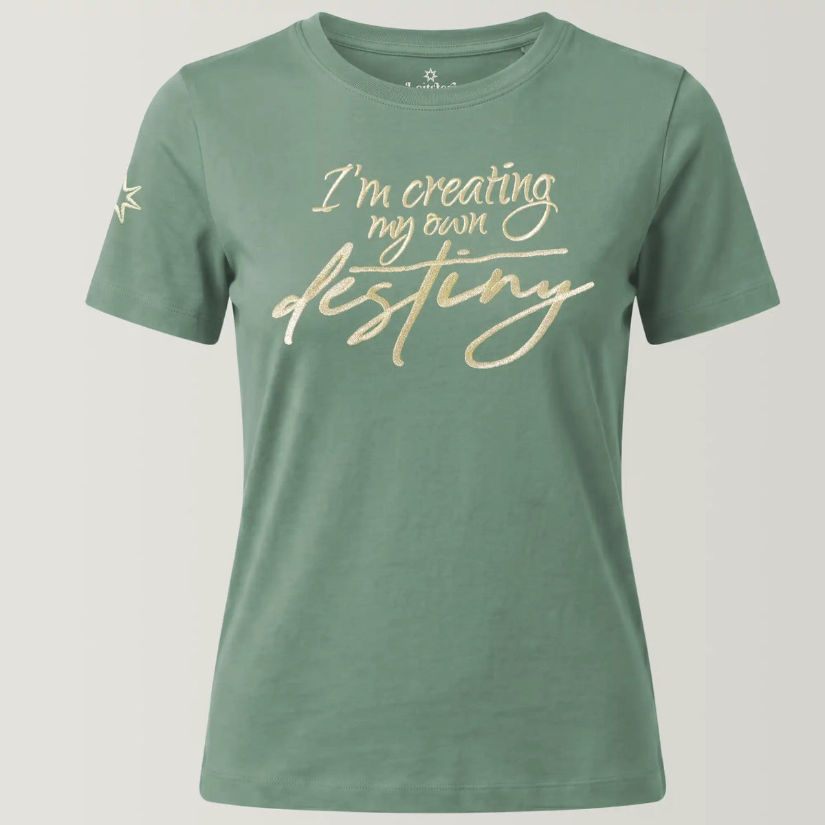 Ghost Mockup Front eines spirituellen Damen T-Shirt mit Stickerei, TShirt Farbe hellgrün. Die Goldstickerei ist eine Affirmation, Schriftzug: I'm creating my own destiny