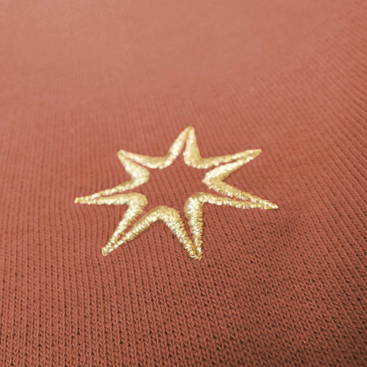 Nahaufnahme der Sterne Stickerei (siebenzackiger Stern) am Ärmel eines nachhaltigen Damen GOTS Sweatshirts aus 100% Bio Baumwolle im Farbton terracotta.