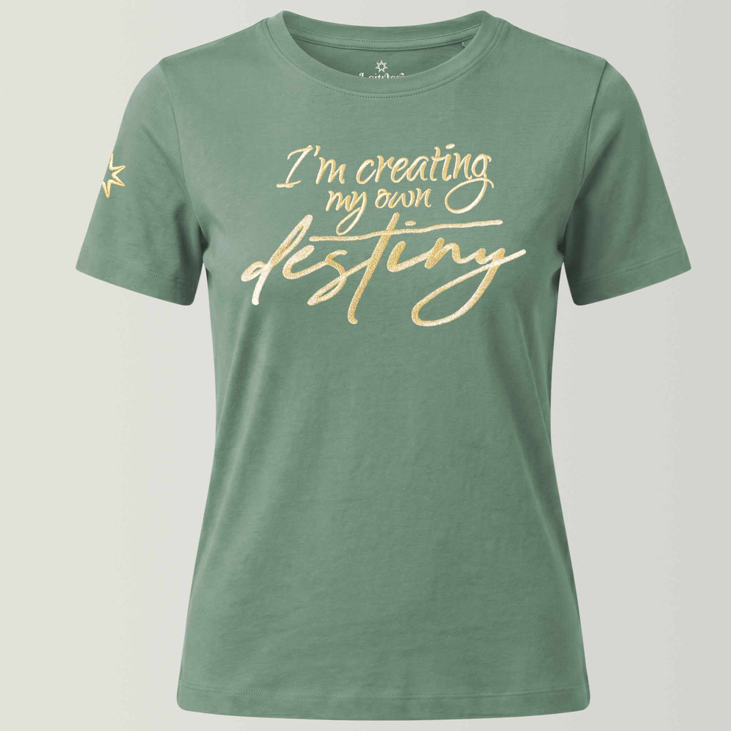 Grünes Bio-T-Shirt für Damen aus 100% zertifizierter Biobaumwolle in milden Grünton, große edle Frontstickerei in gold-metallic I'm creating my own destiny, Logo-Stickerei am rechten Ärmel: siebenzackiger Stern