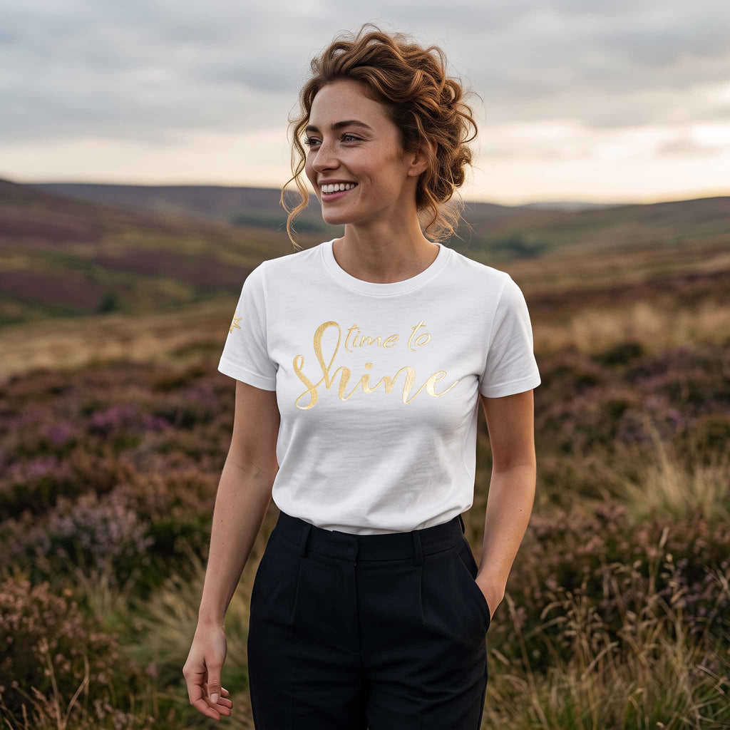 Bio-T-Shirt mit Stickerei 'Time to shine' I weiß [Damen]
